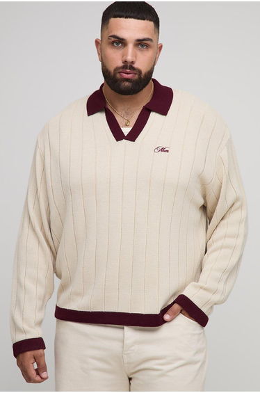Plus Oversized Retro Football Knitted Jumper - ecru