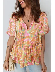 Lvness Orange Split V Neck Short Sleeve Flower Blouse