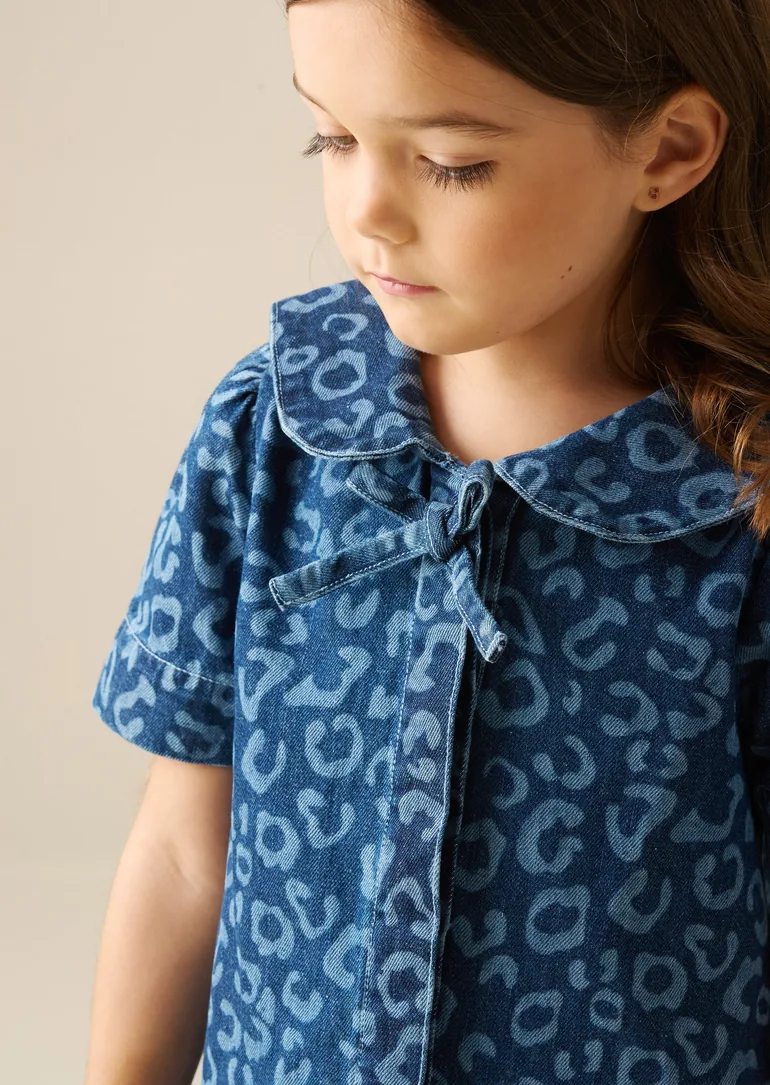 Saoirse Leopard Denim Collared Dress - Blue - 2