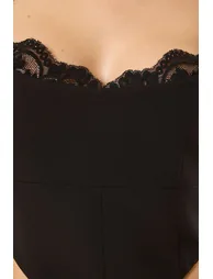 Black Crop Lace Detailed Woven Chic Bustier - 3