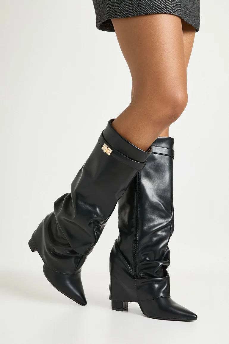 Lock Detail Slouchy Fold Over Block Heeled Boots - black