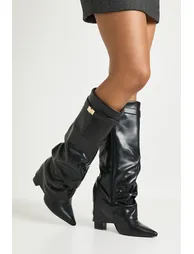 Lock Detail Slouchy Fold Over Block Heeled Boots - black
