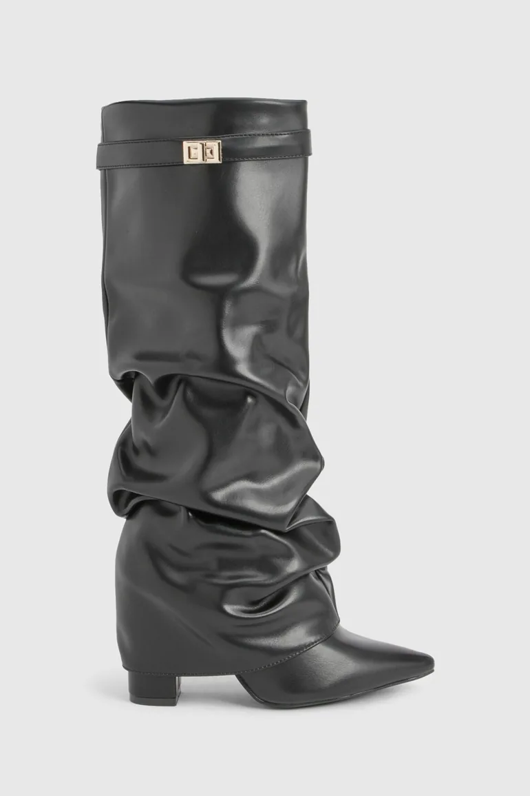 Lock Detail Slouchy Fold Over Block Heeled Boots - black - 2