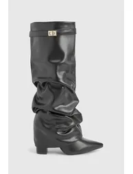 Lock Detail Slouchy Fold Over Block Heeled Boots - black - 2