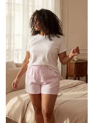 Pink Striped Shorts-Pants Package Woven Plus Size Pajama Bottoms - 1