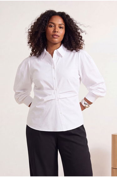 White Balloon Sleeve Detailed Asymmetrical Fitted Shirt