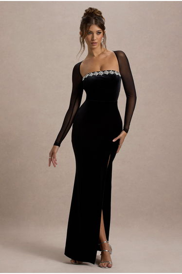 Ashby | Black Velvet Embellished Square-Neck Split Maxi Dress