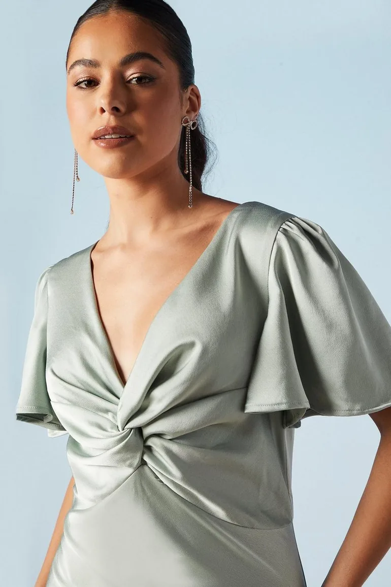 oasis satin twist front angel sleeve midi dress Oasis Women's Bright Pink Satin Twist Front Angel Sleeve Midi Bridesmaid Dress