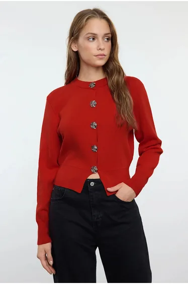 Red Rose Button Detailed Knitwear Cardigan