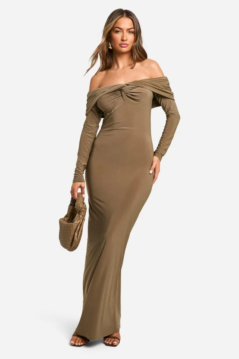 ruched twist detail dress Shop Ruched Twist Detail Bardot Maxi Dress