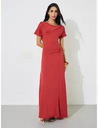 Red Solid Side Gathered Detail A-Line Maxi Dress