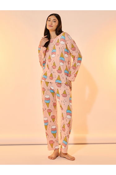 All Over Ice Cream Print Long Sleeves T-Shirt and Pyjama Set