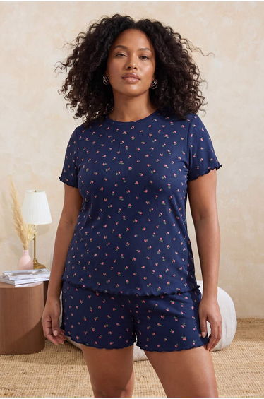 Navy Blue Crisp Floral Pointel Knitted Plus Size Pajama Set