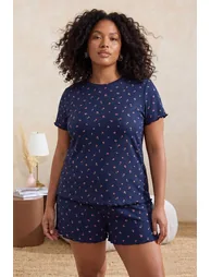 Navy Blue Crisp Floral Pointel Knitted Plus Size Pajama Set