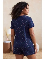 Navy Blue Crisp Floral Pointel Knitted Plus Size Pajama Set - 5