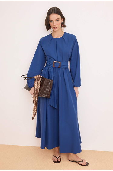 Navy Blue Unlined Plain Woven Terrycotton Hijab Dress