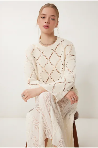 Women's Cream Spanish Sleeve Openwork Crop Knitwear Sweater