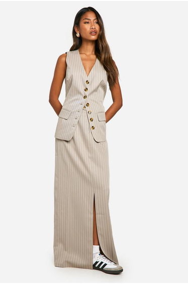 Tonal Pinstripe Split Back Column Skirt