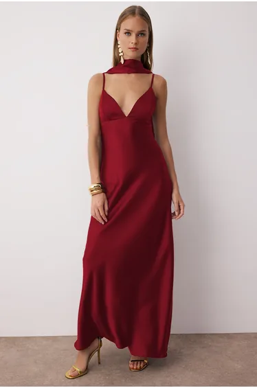 Red Shawl Detailed Satin Woven Maxi Evening Night Graduation Dress