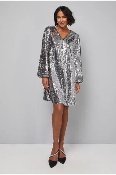 Mixed Sequin V Neck Shift Dress