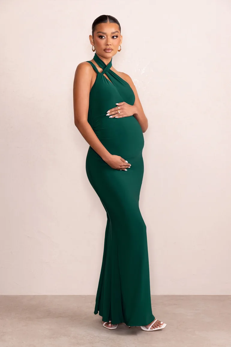Alba | Bottle Green Maternity Halter Asymmetric Maxi Dress with Cut Out - 3