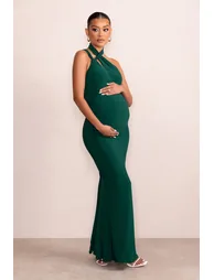 Alba | Bottle Green Maternity Halter Asymmetric Maxi Dress with Cut Out - 3