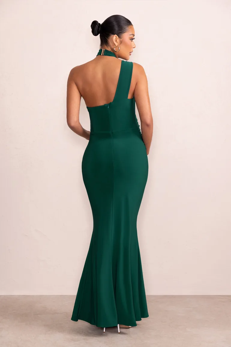 Alba | Bottle Green Maternity Halter Asymmetric Maxi Dress with Cut Out - 1