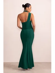 Alba | Bottle Green Maternity Halter Asymmetric Maxi Dress with Cut Out - 1