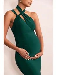 Alba | Bottle Green Maternity Halter Asymmetric Maxi Dress with Cut Out - 2