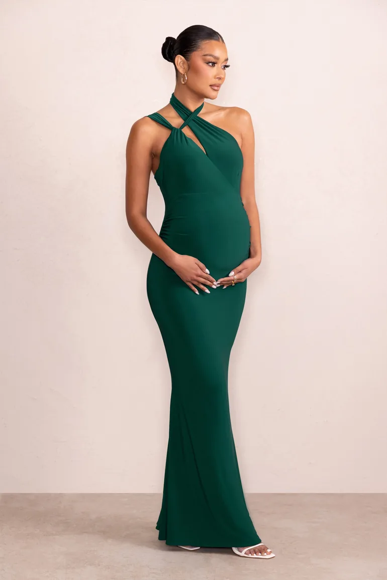 Alba | Bottle Green Maternity Halter Asymmetric Maxi Dress with Cut Out