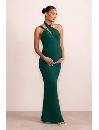 Alba | Bottle Green Maternity Halter Asymmetric Maxi Dress with Cut Out