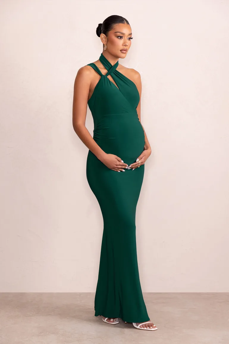 Alba | Bottle Green Maternity Halter Asymmetric Maxi Dress with Cut Out - 4