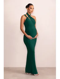 Alba | Bottle Green Maternity Halter Asymmetric Maxi Dress with Cut Out - 4