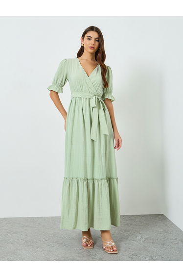 Green Textured Maxi Dress with Tie-Belt
