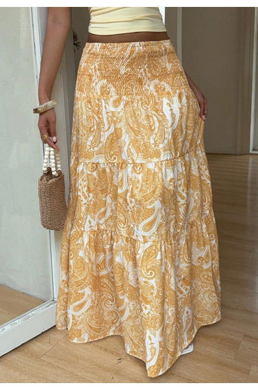 Paisley Print Shirred Waist Tiered Maxi Skirt in Yellow for Beach Getaways & Casual Brunches