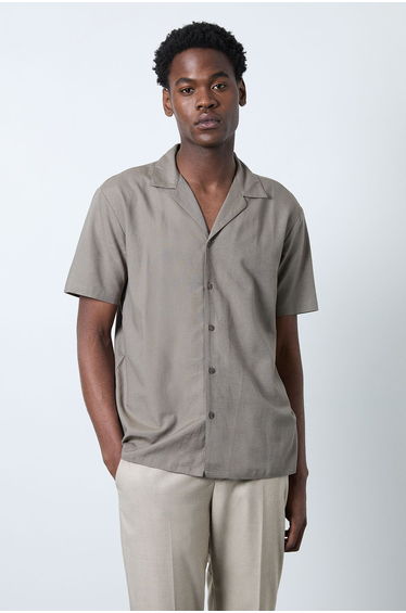 Khaki Linen Blend Short Sleeve Resort Shirt