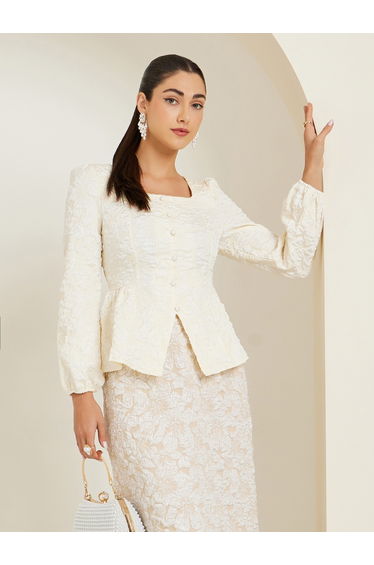 Off-White Square Neck Jacquard Blouse