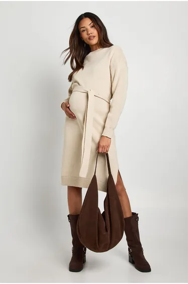 Maternity Crew Neck Jumper Midi Dress - stone
