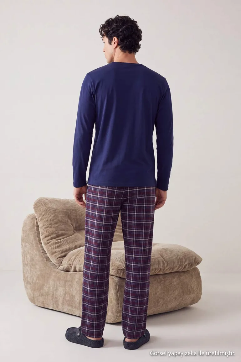 Navy Blue Regular Fit Plaid Patterned Woven Bottom Winter Pajama Set - 2