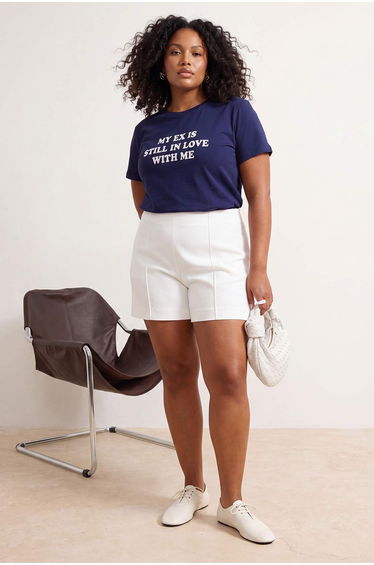 Navy Blue Slogan Fitted Cotton Ribbed Knitted Plus Size T-Shirt