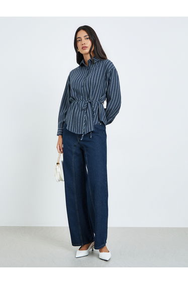 Navy Striped Long Sleeve Shirt with Tie Waist