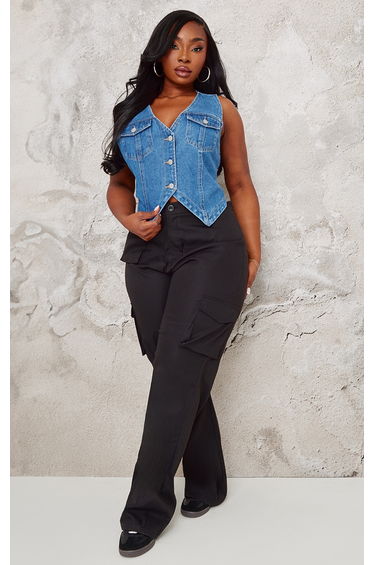 Plus Indigo Blue Wash Halterneck Button Front Denim Waistcoat