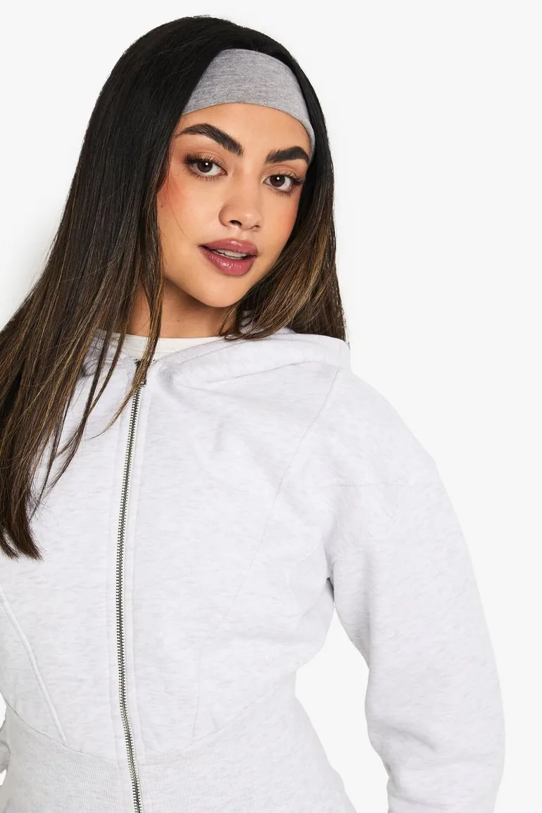 Deep Cinched Waist Cropped Zip Through Hoodie - ash grey - 3