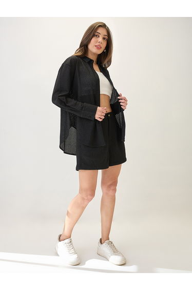Black Crochet Knit Shirt and Shorts Co-Ords