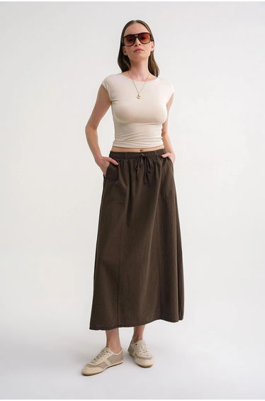 Mixray High-Waisted Poplin Skirt with Drawstring Detail