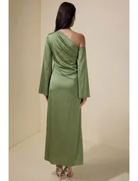 Satin Skew Collar Slit Midi Dress - 1