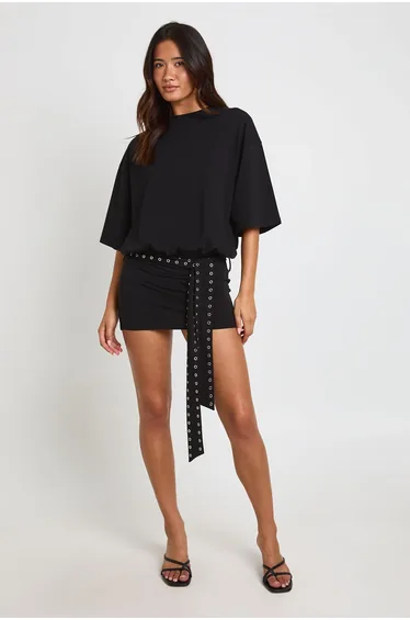 Oversized Mini Dress With Studded Belt - black