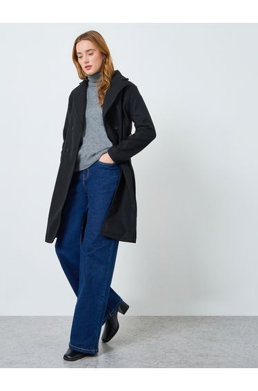 Women Solid Button Front Belted Midi Coat