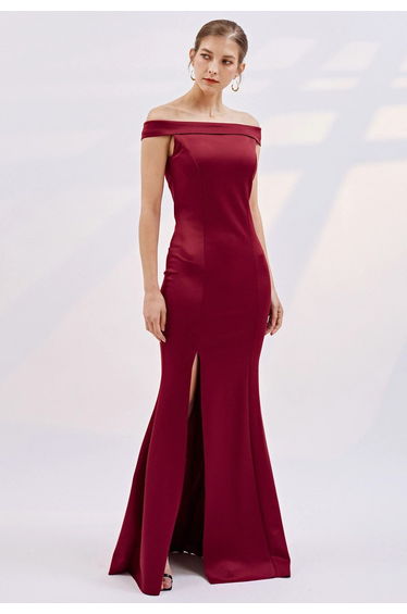 Folded Off-Shoulder Slit Mermaid Gown in Burgundy