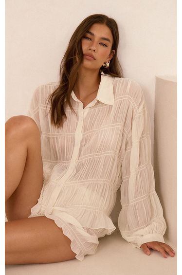Cream Chiffon Shirred Detail Shirt